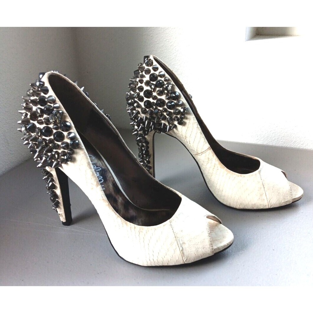 Sam Edelman Shoes Womens 8M Peep Toe Cream Leather Metal Spikes Punk Rock Biker